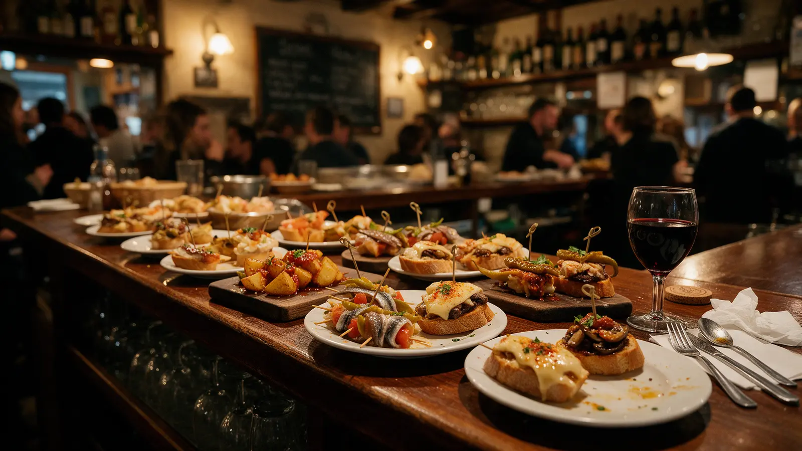 Comptoir d'un bar à pintxos dans une vieille ville basque