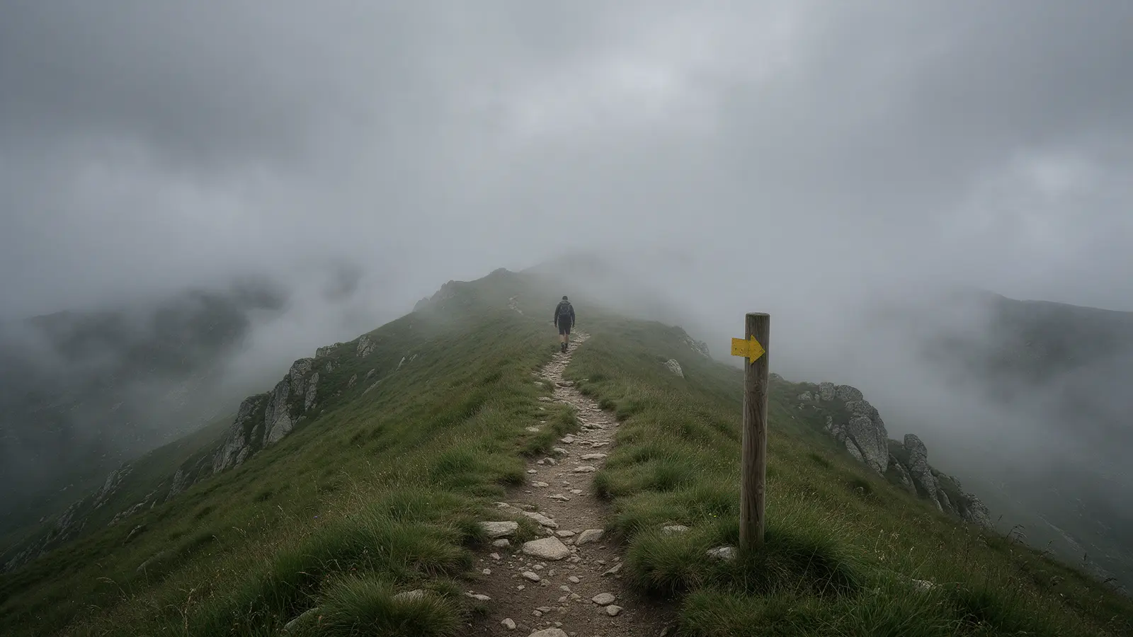 Sentier des crêtes pyrénéennes dans le brouillard