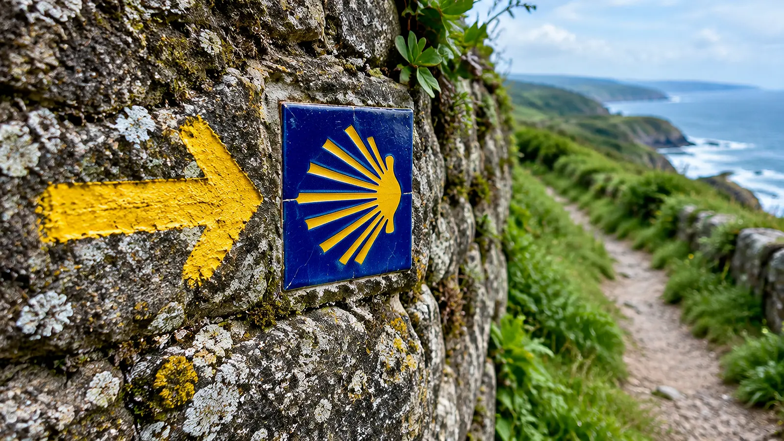 Balisage du chemin de Compostelle : flèche jaune et coquille