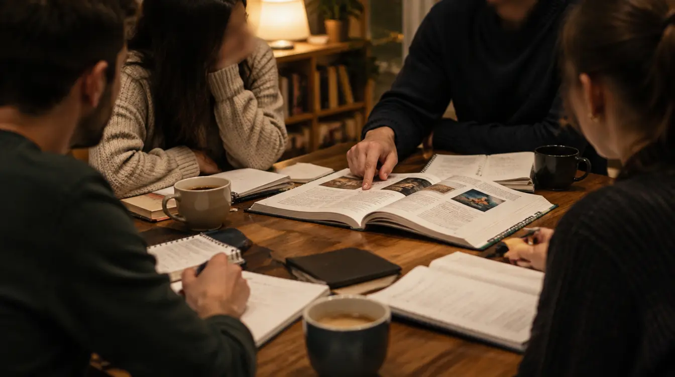Adultes en cours de langue le soir autour d'une table