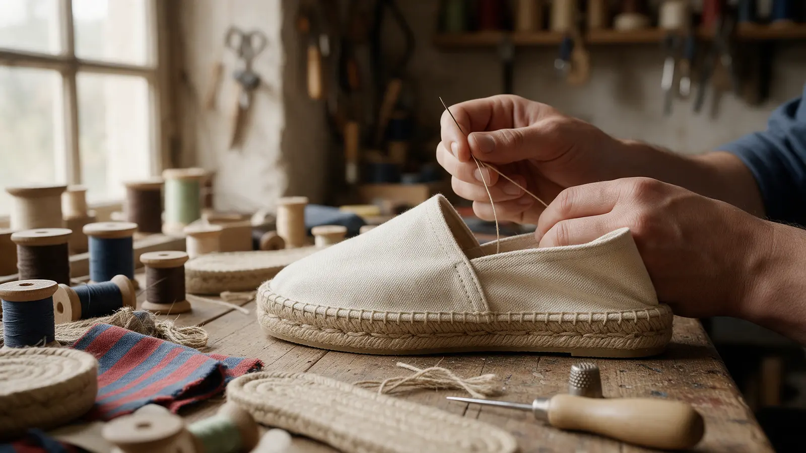 Artisan cousant une espadrille à semelle de jute