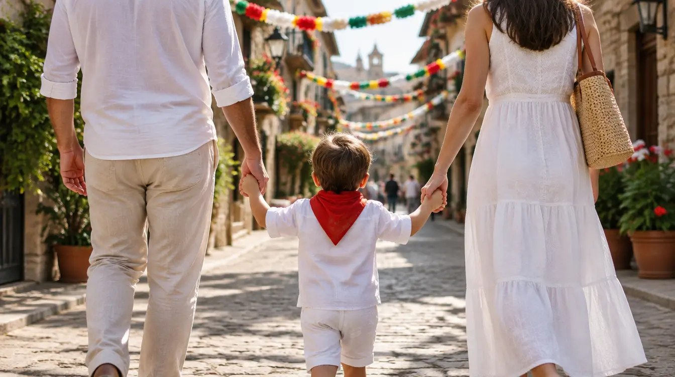 Enfant en blanc et rouge tenant la main d'un parent pendant les Fêtes