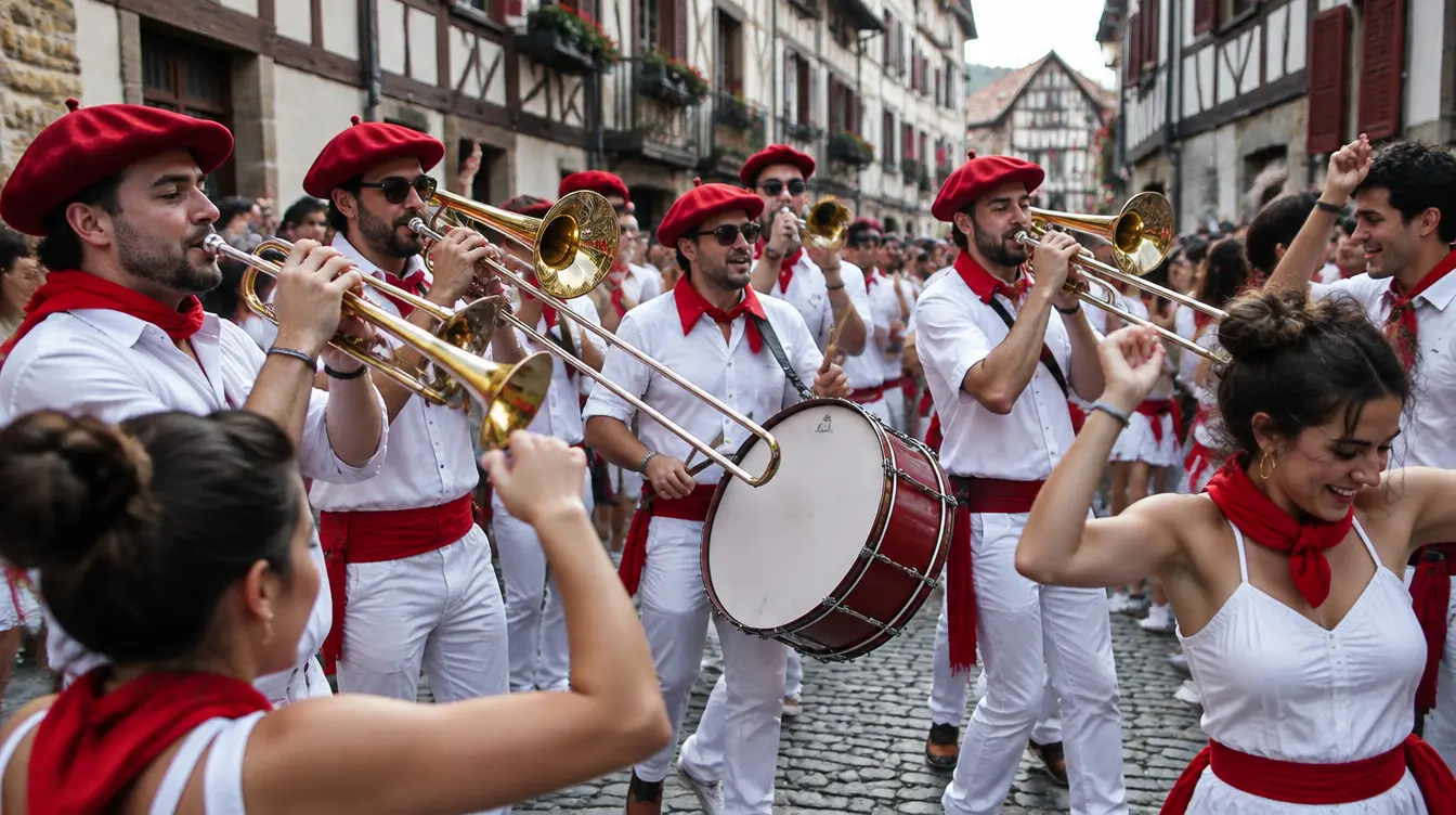 Fanfare en blanc et rouge jouant dans une rue pendant les Fêtes
