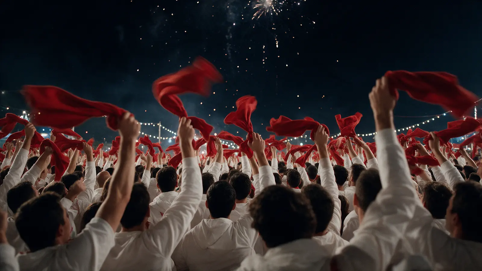 Foule en blanc brandissant des foulards rouges lors de l'ouverture des Fêtes