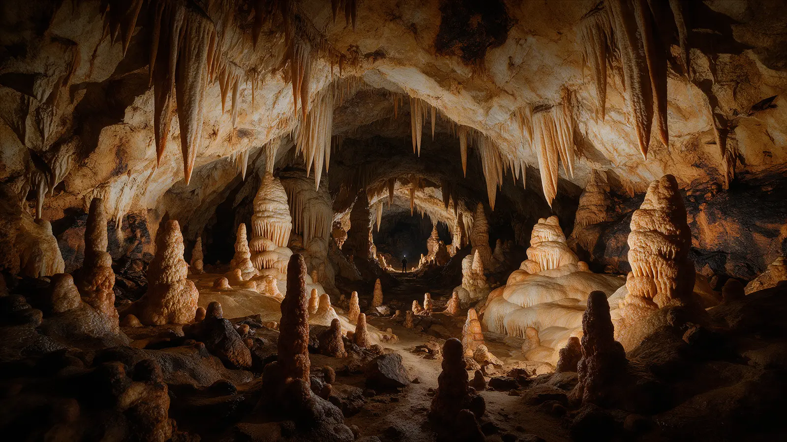 Concrétions dans une grande grotte calcaire
