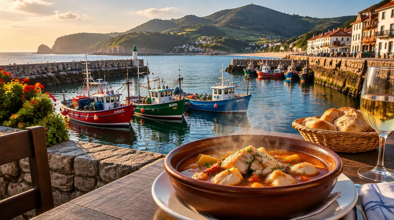 Ttoro servi en terrasse face à un petit port de pêche basque