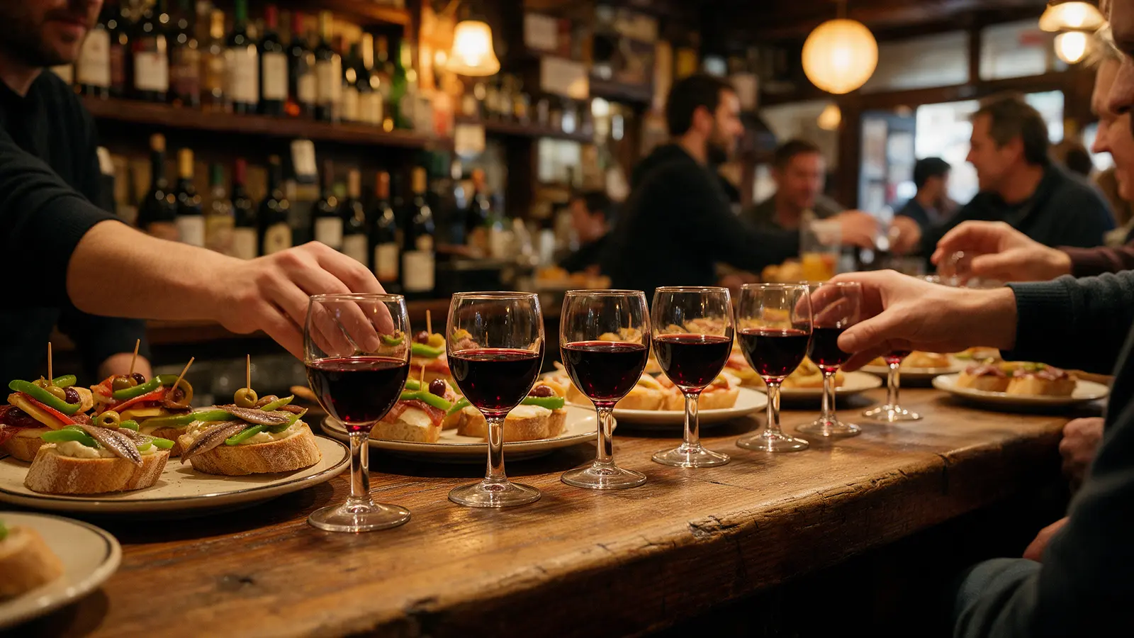 Petits verres de vin alignés au comptoir pour le poteo