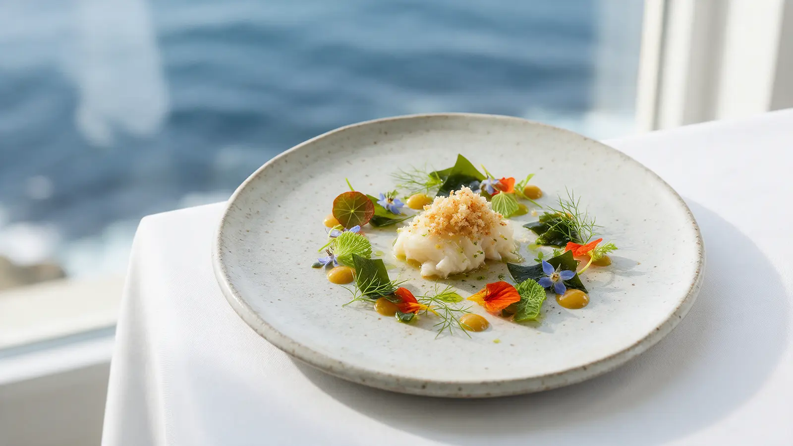 Assiette de cuisine gastronomique basque face à l'océan