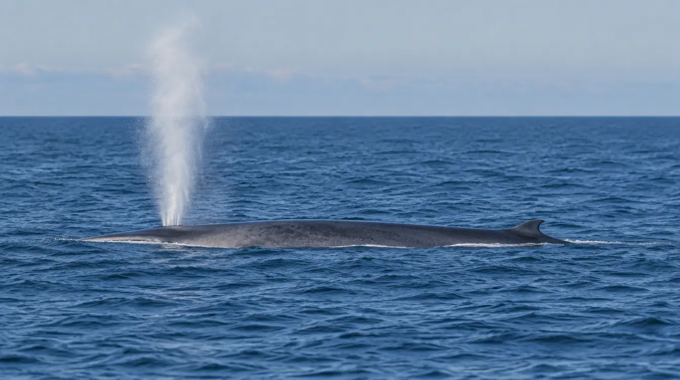 Souffle d'un rorqual commun au large, dans le golfe de Gascogne