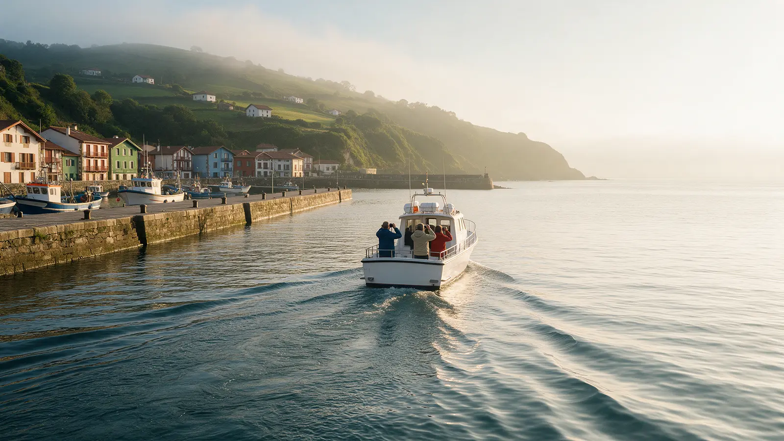 Bateau d'observation quittant un port de la côte basque au petit matin