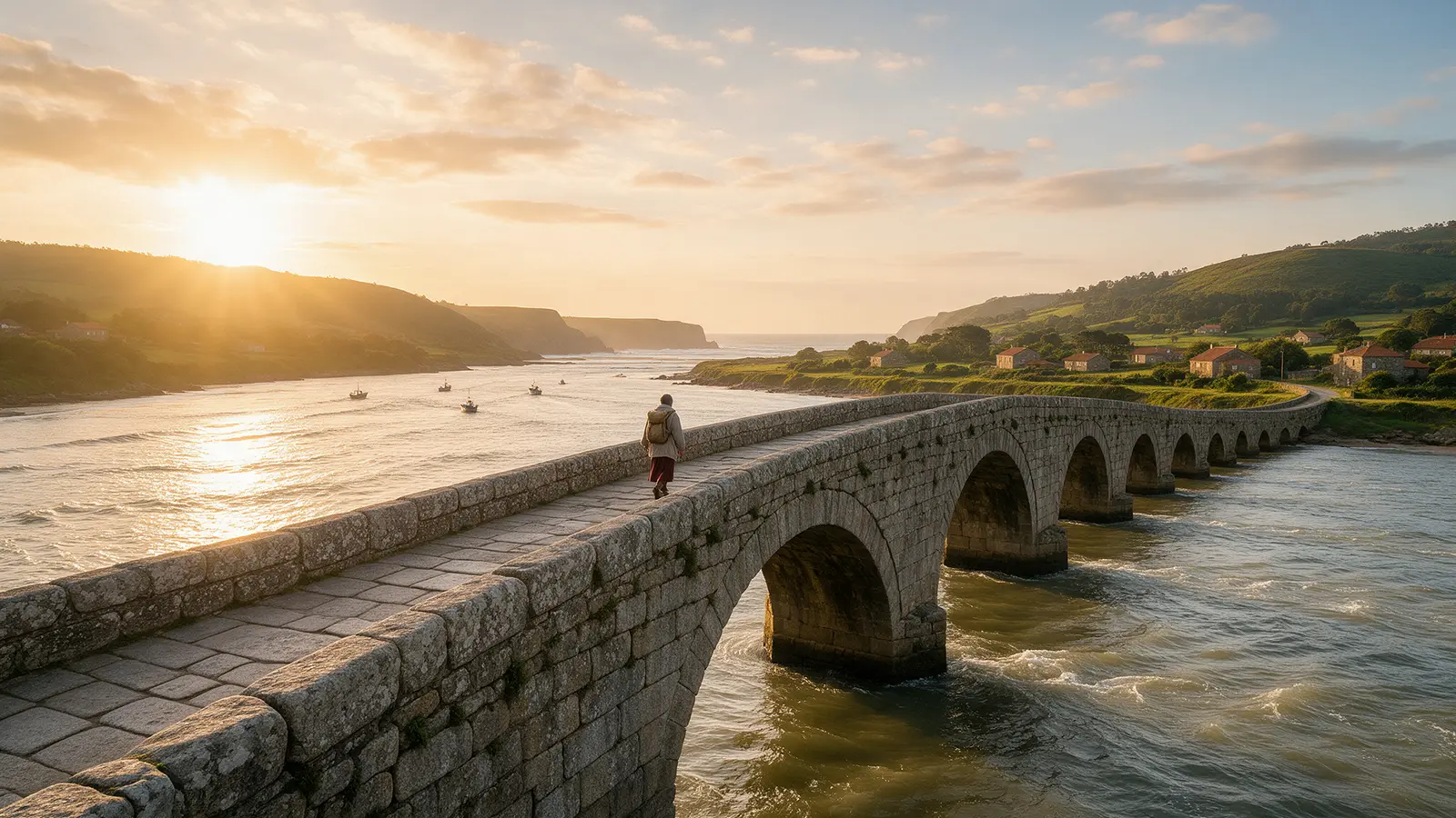 Pèlerin franchissant un pont de pierre sur un estuaire